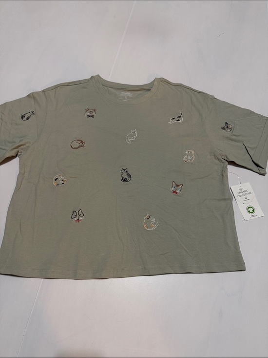 Organic Generation Tops - Organic Collective Embroidered Cat Cotton Tee in Sage Green XL NWT